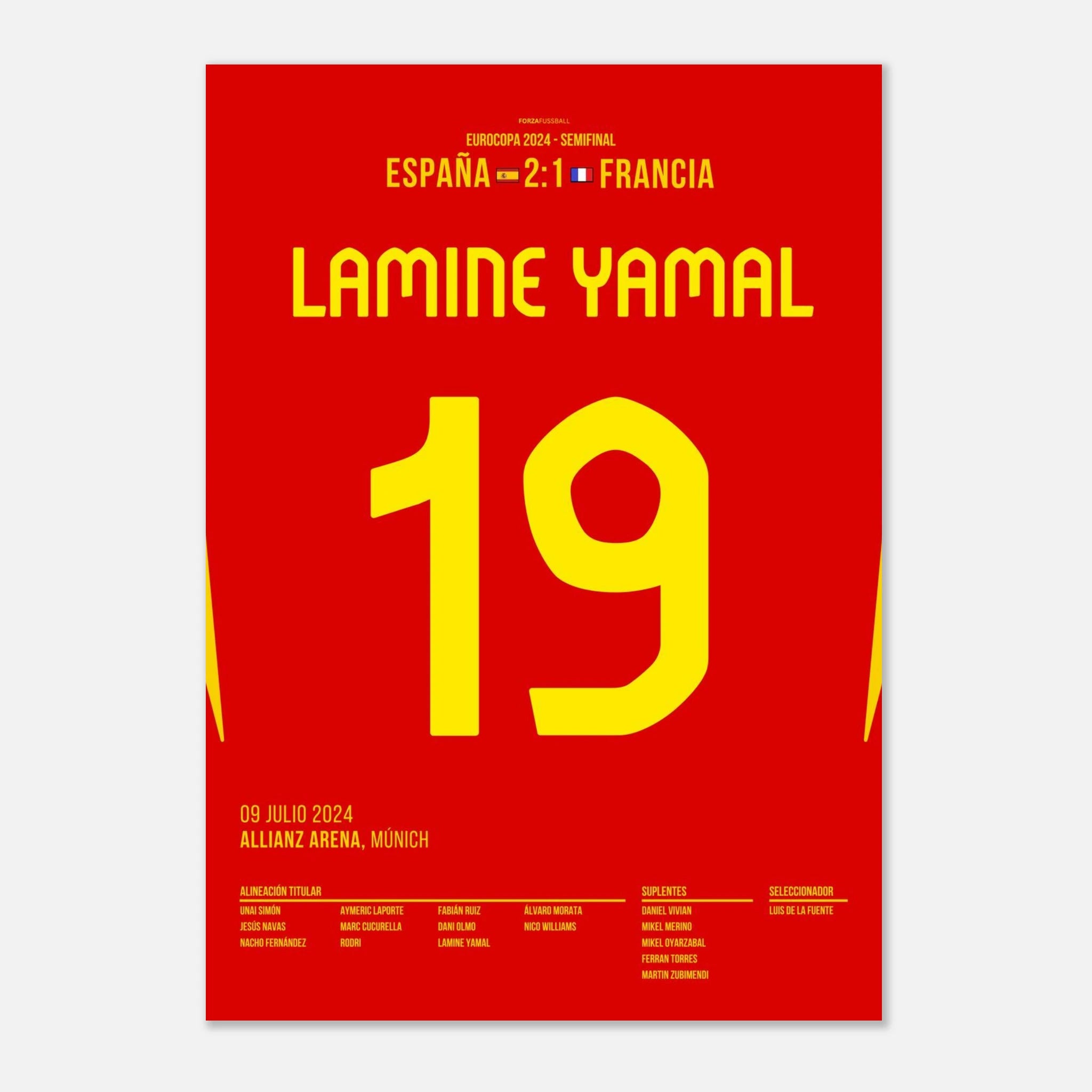 Yamal mit Traumtor gegen Frankreich im EM Halbfinale 2024 Fußball Poster mit Rahmen