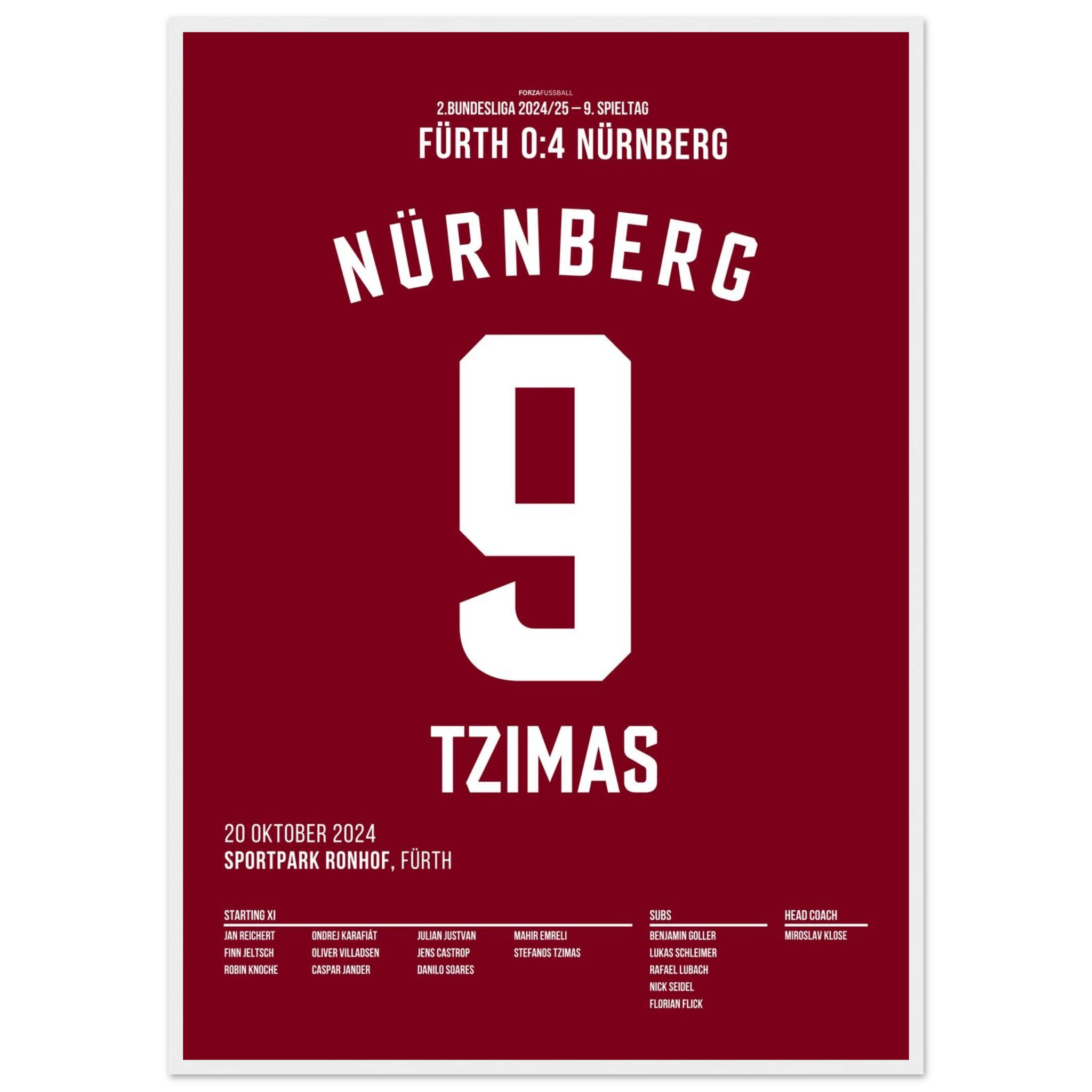 Derbyheld Tzimas – Doppelpack beim 4:0 in Fürth Fußball Poster mit Rahmen