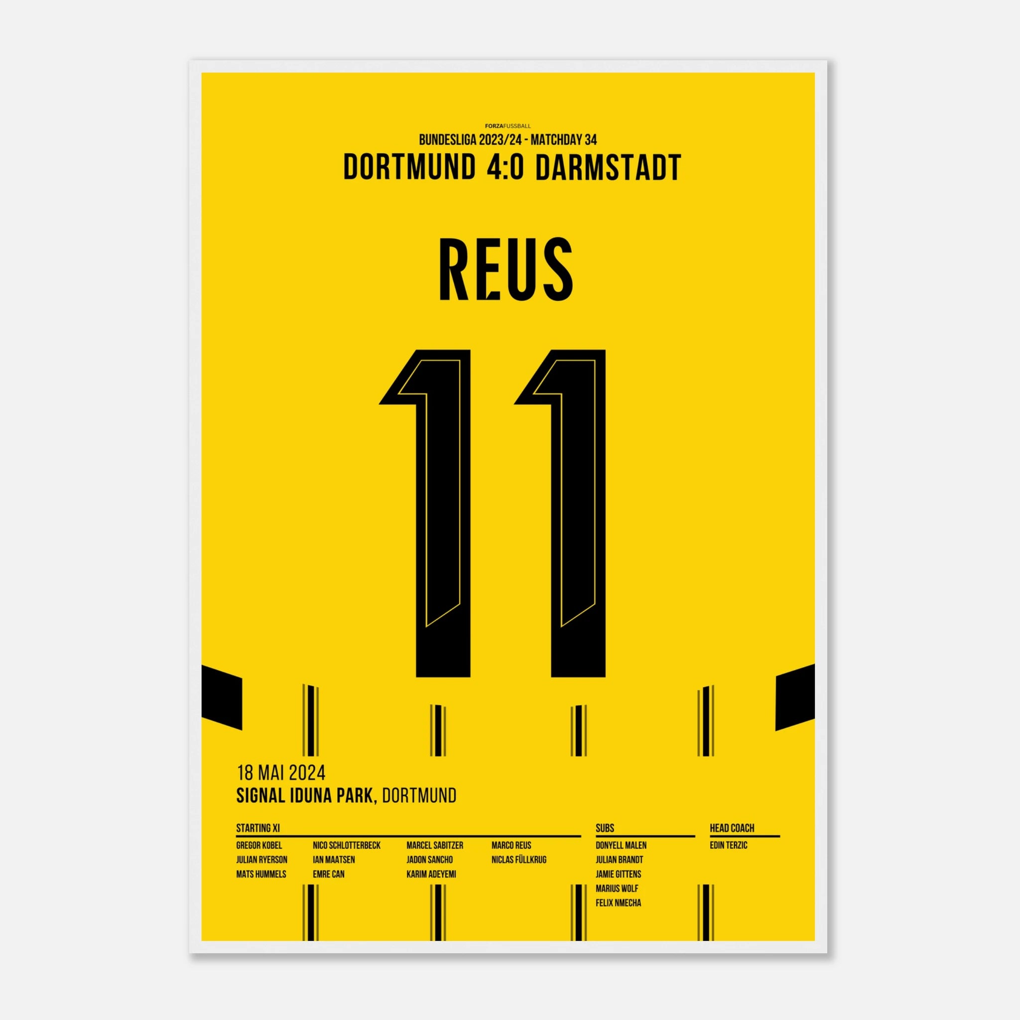 Marco Reus trifft per Freistoß im letzten Heimspiel für den BVB Fußball Poster mit Rahmen