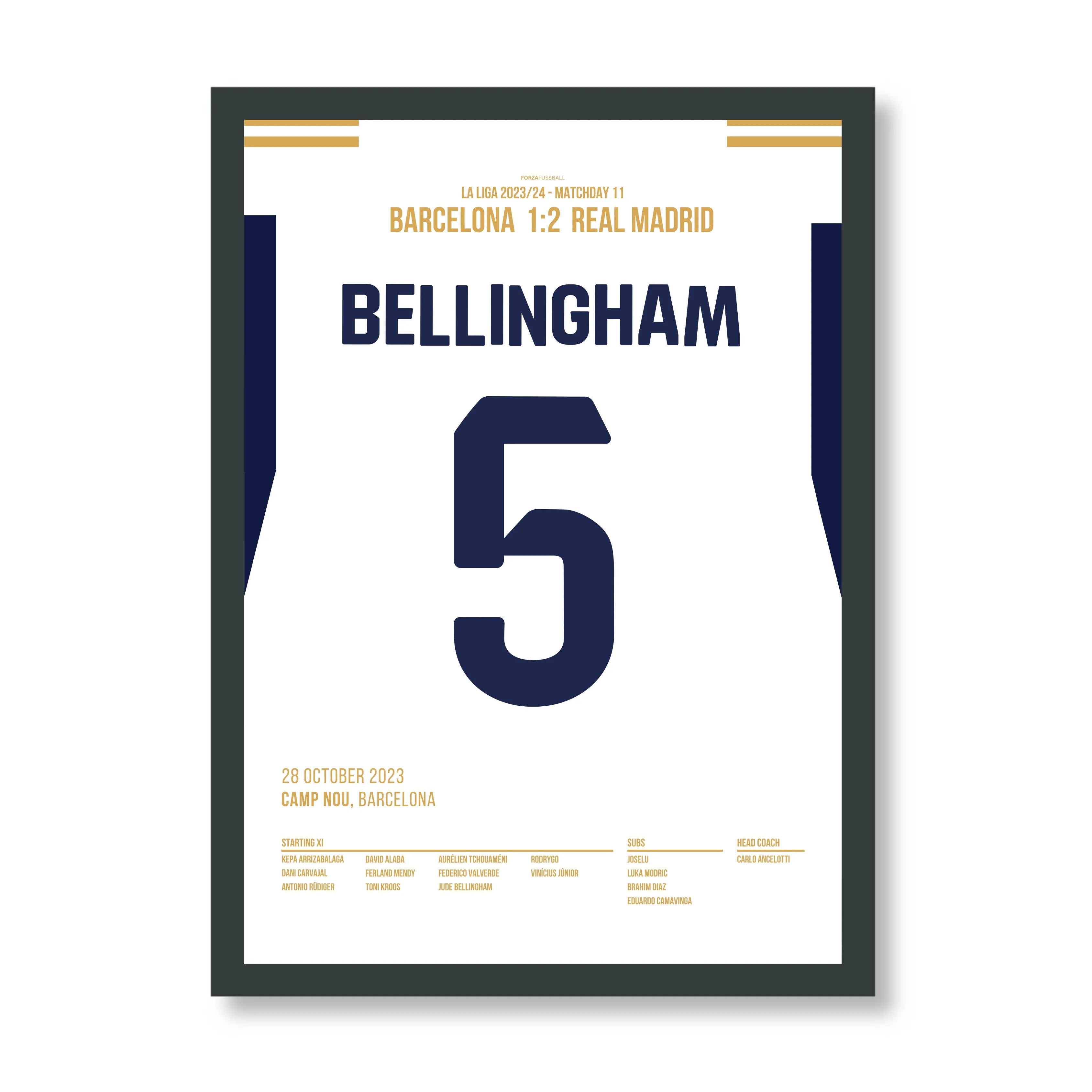 Bellingham verstummt das Camp Nou in der letzten Minute Fußball Poster mit Rahmen