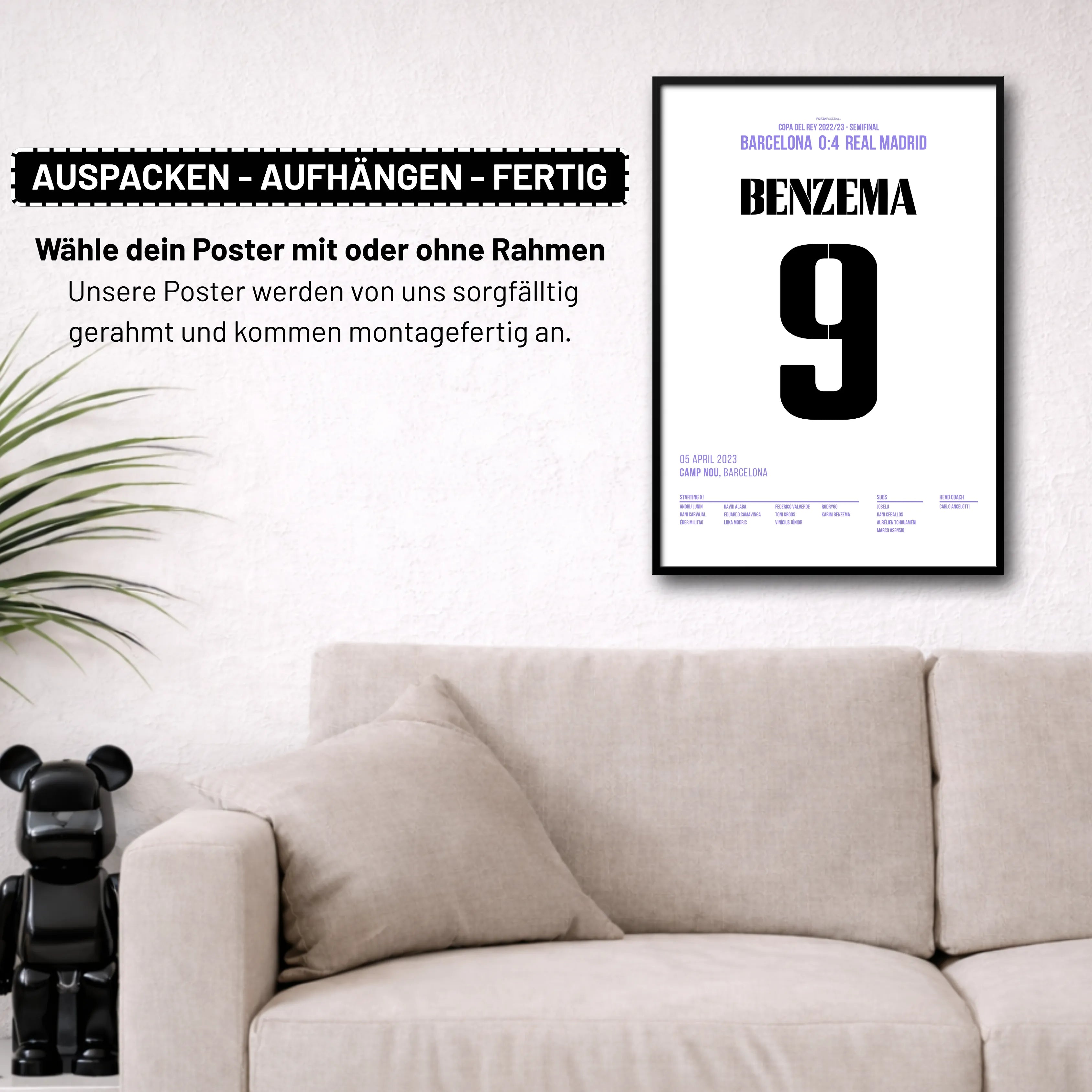 Benzema knallt Barca im Camp Nou per Hattrick aus der Copa Fußball Poster mit Rahmen