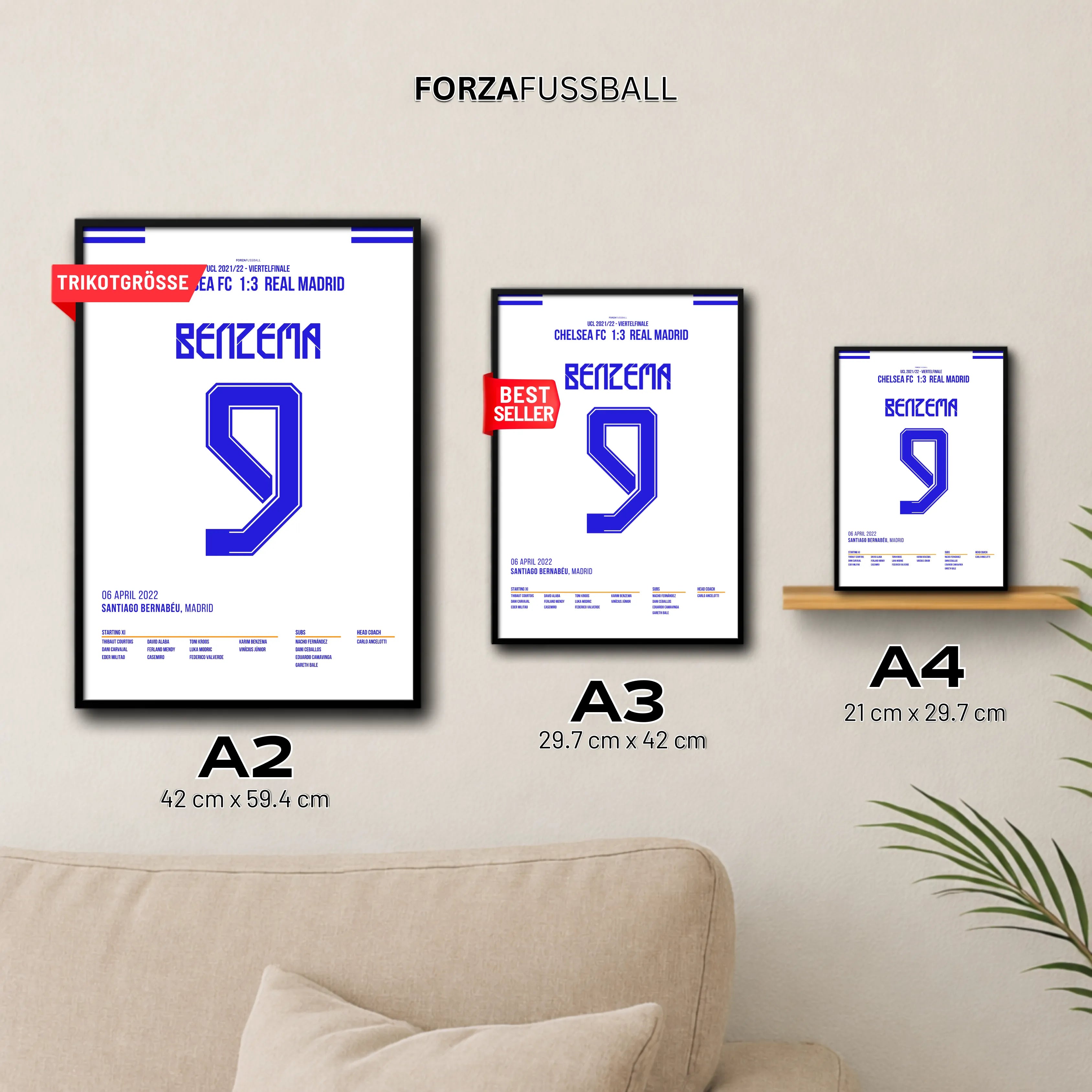 Benzema mit Hattrick an der Stamford Bridge Fußball Poster mit Rahmen