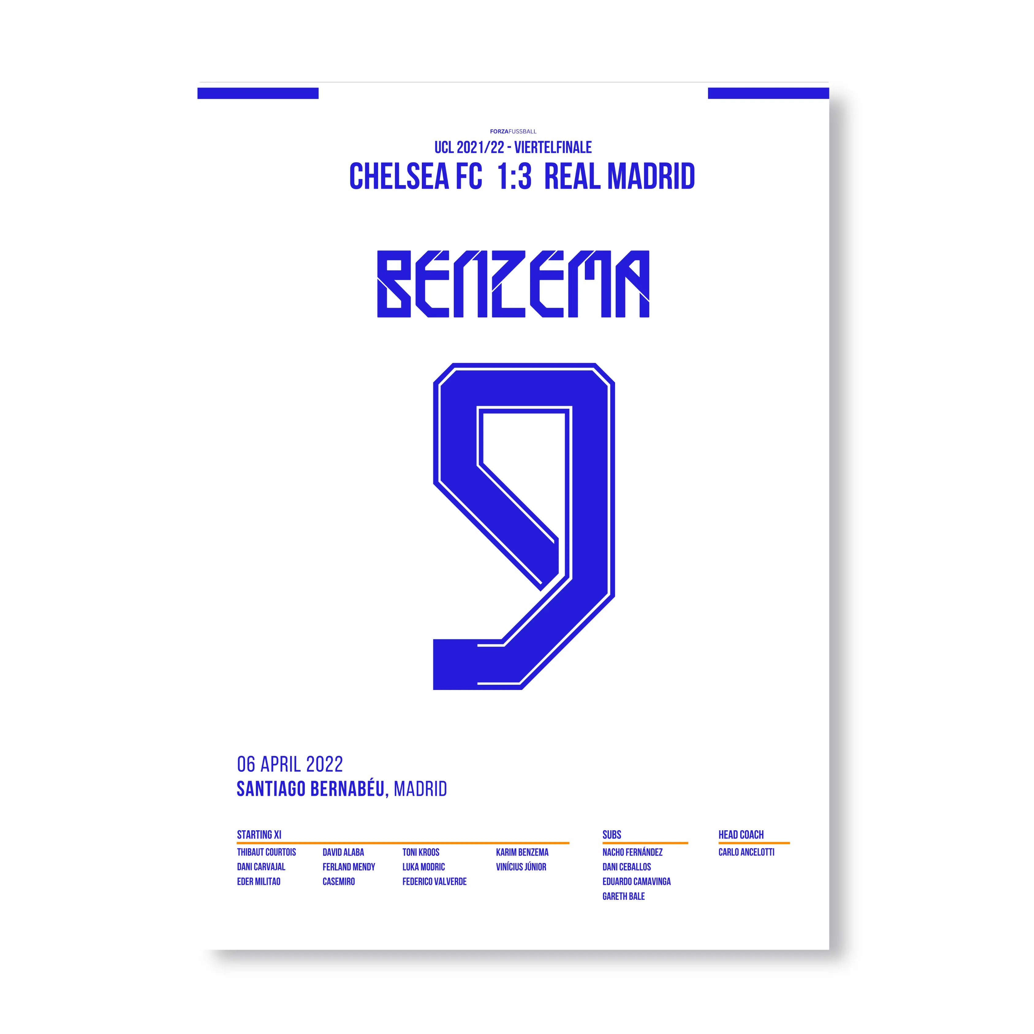 Benzema mit Hattrick an der Stamford Bridge Fußball Poster mit Rahmen