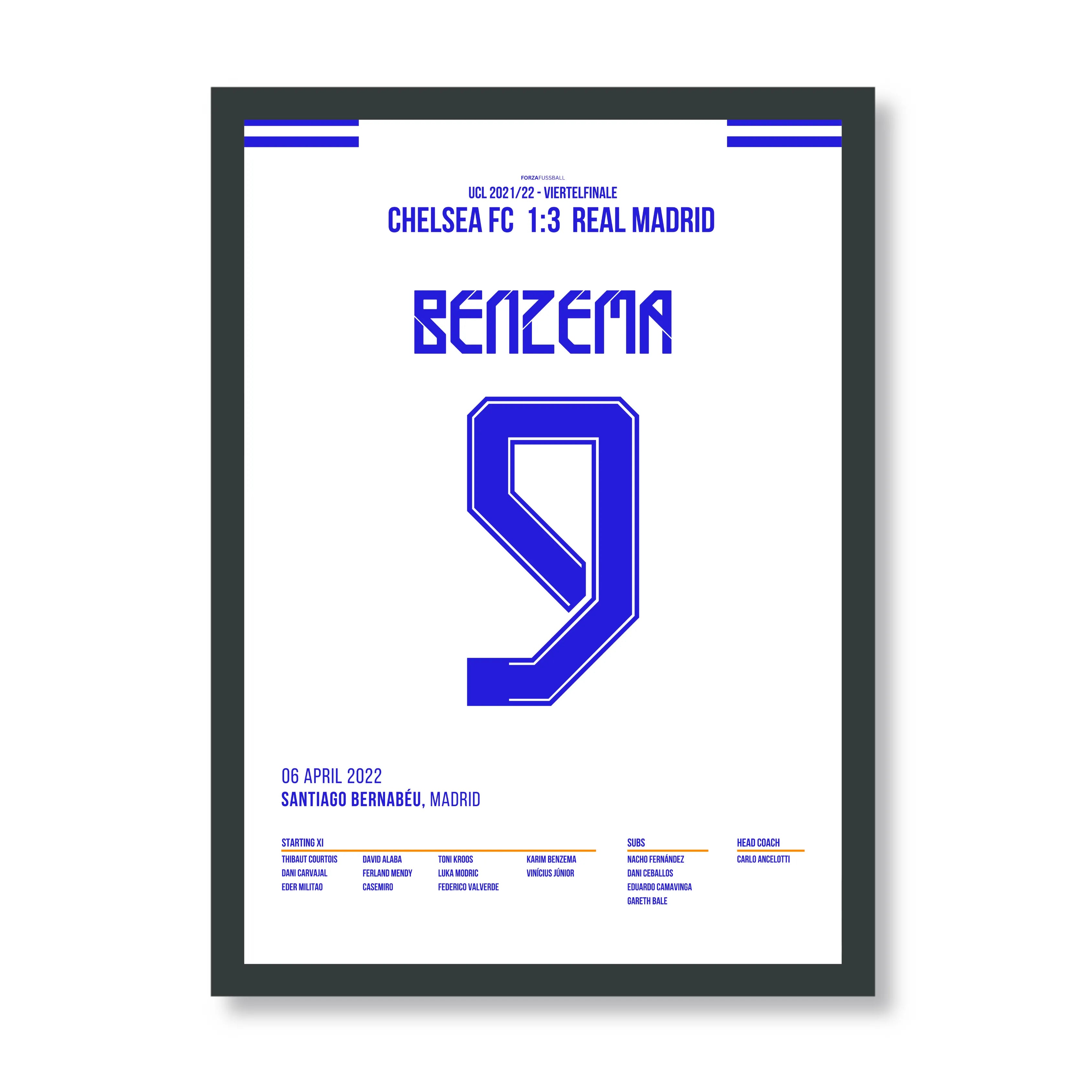 Benzema mit Hattrick an der Stamford Bridge Fußball Poster mit Rahmen