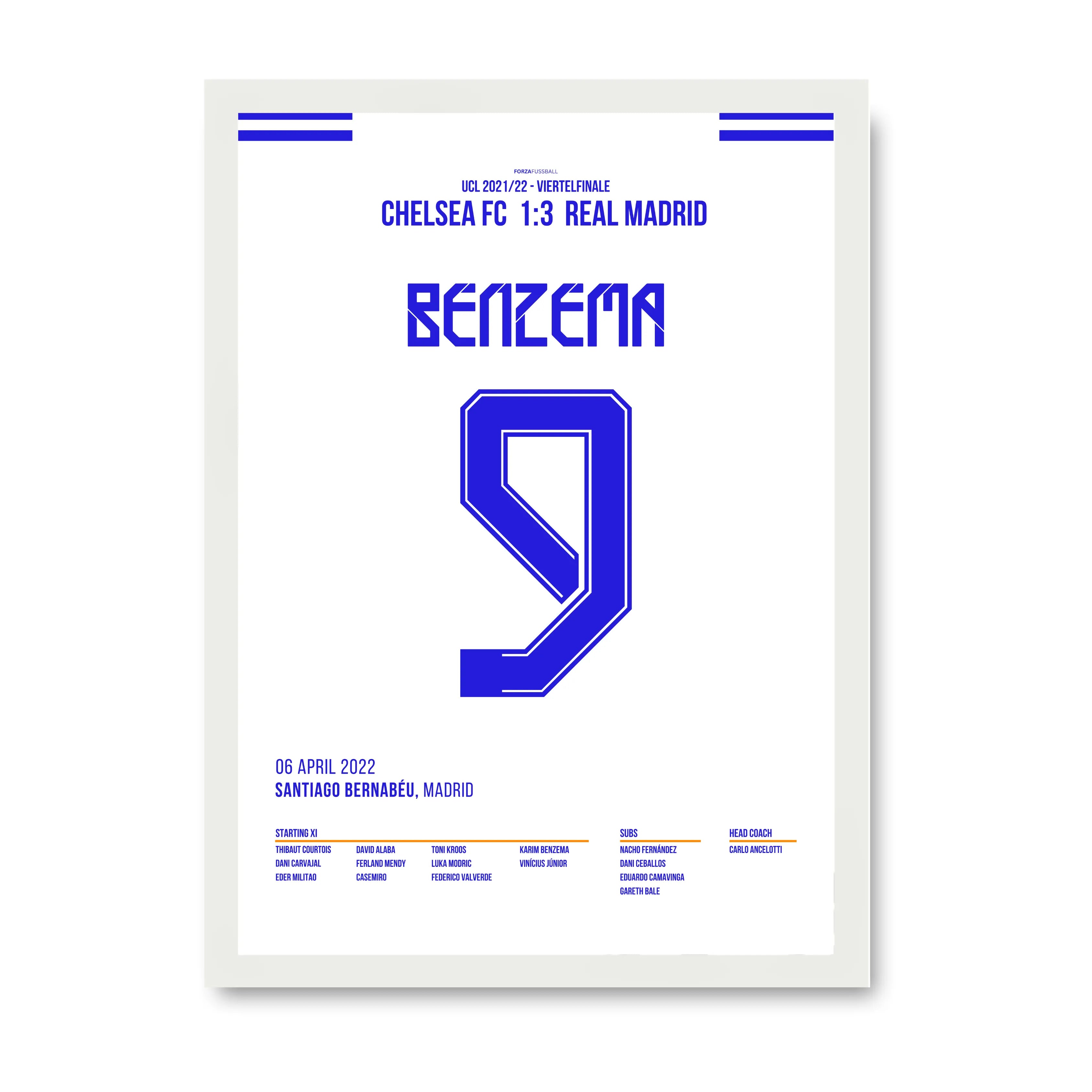 Benzema mit Hattrick an der Stamford Bridge Fußball Poster mit Rahmen