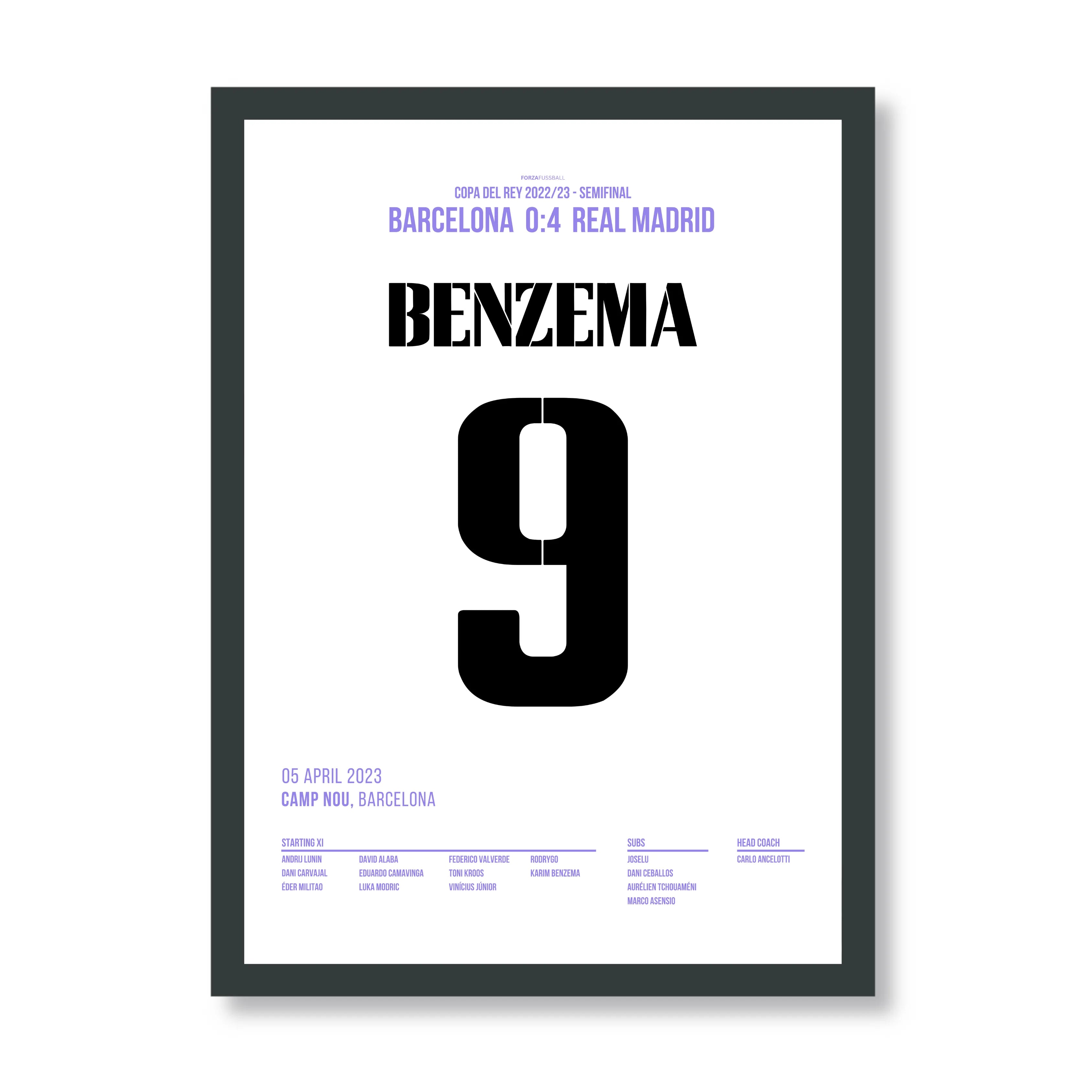 Benzema knallt Barca im Camp Nou per Hattrick aus der Copa Fußball Poster mit Rahmen