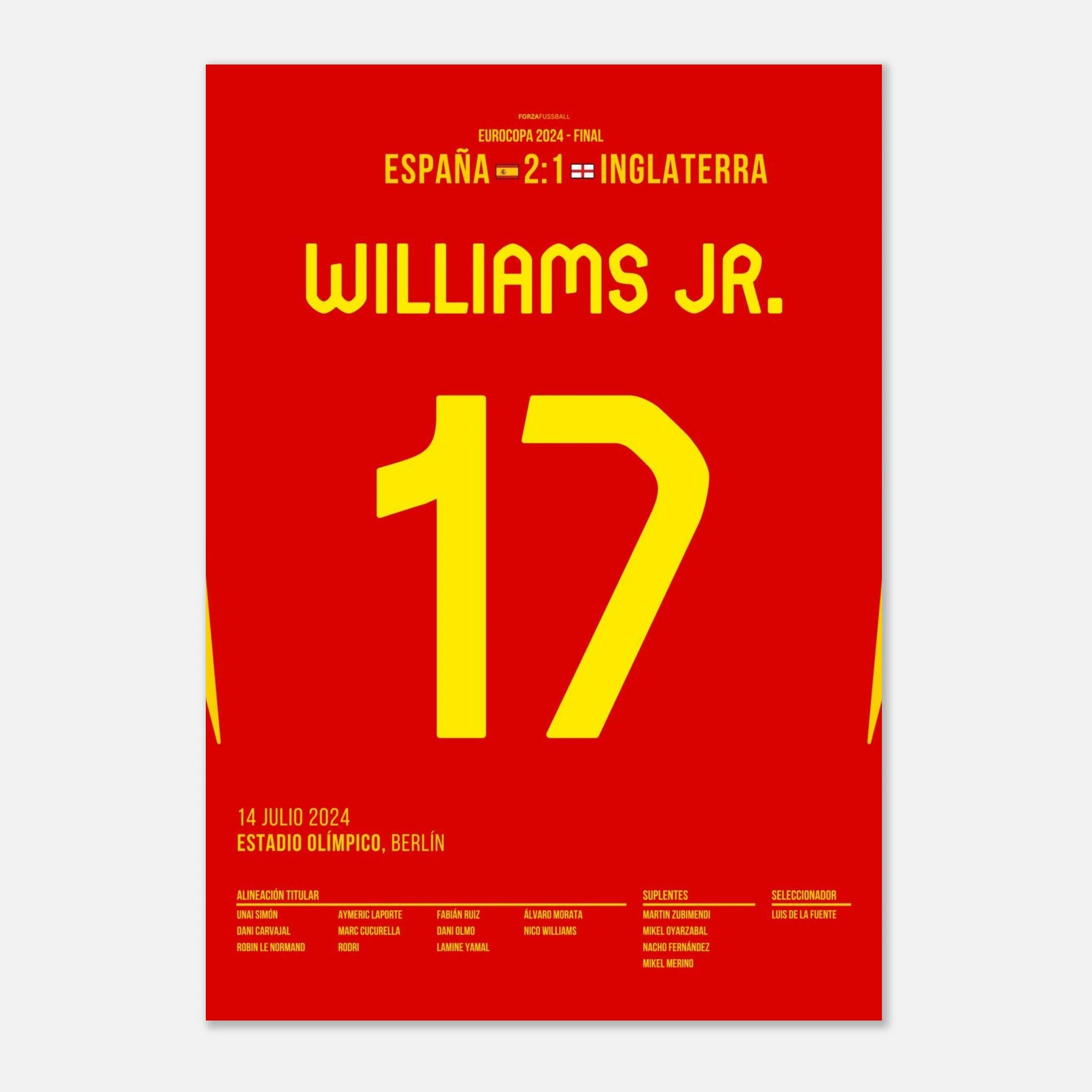 Nico Williams schießt Spanien Richtung EM Titel Fußball Poster mit Rahmen