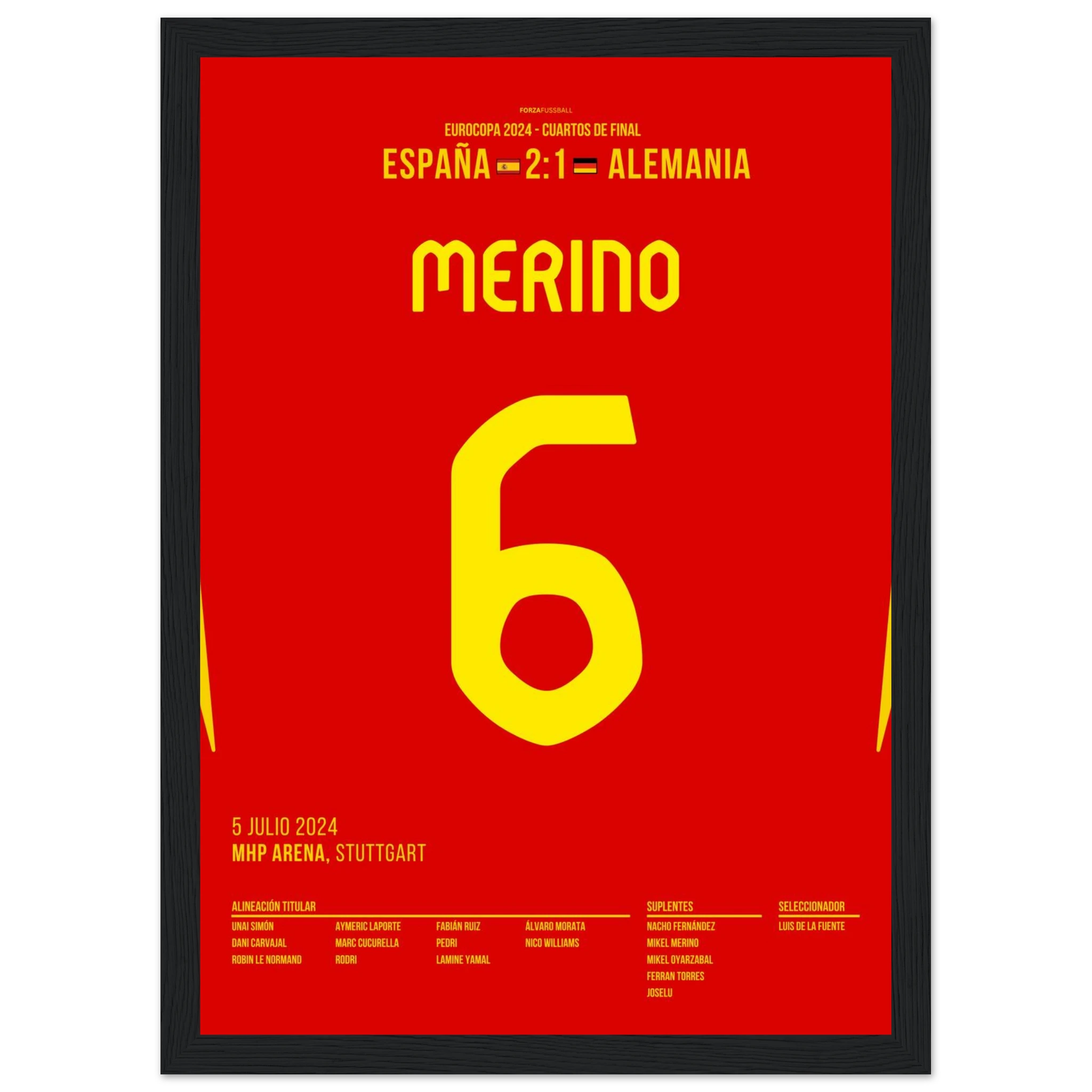 Merino köpft Spanien in letzter Minute zum Sieg gegen Deutschland Fußball Poster mit Rahmen
