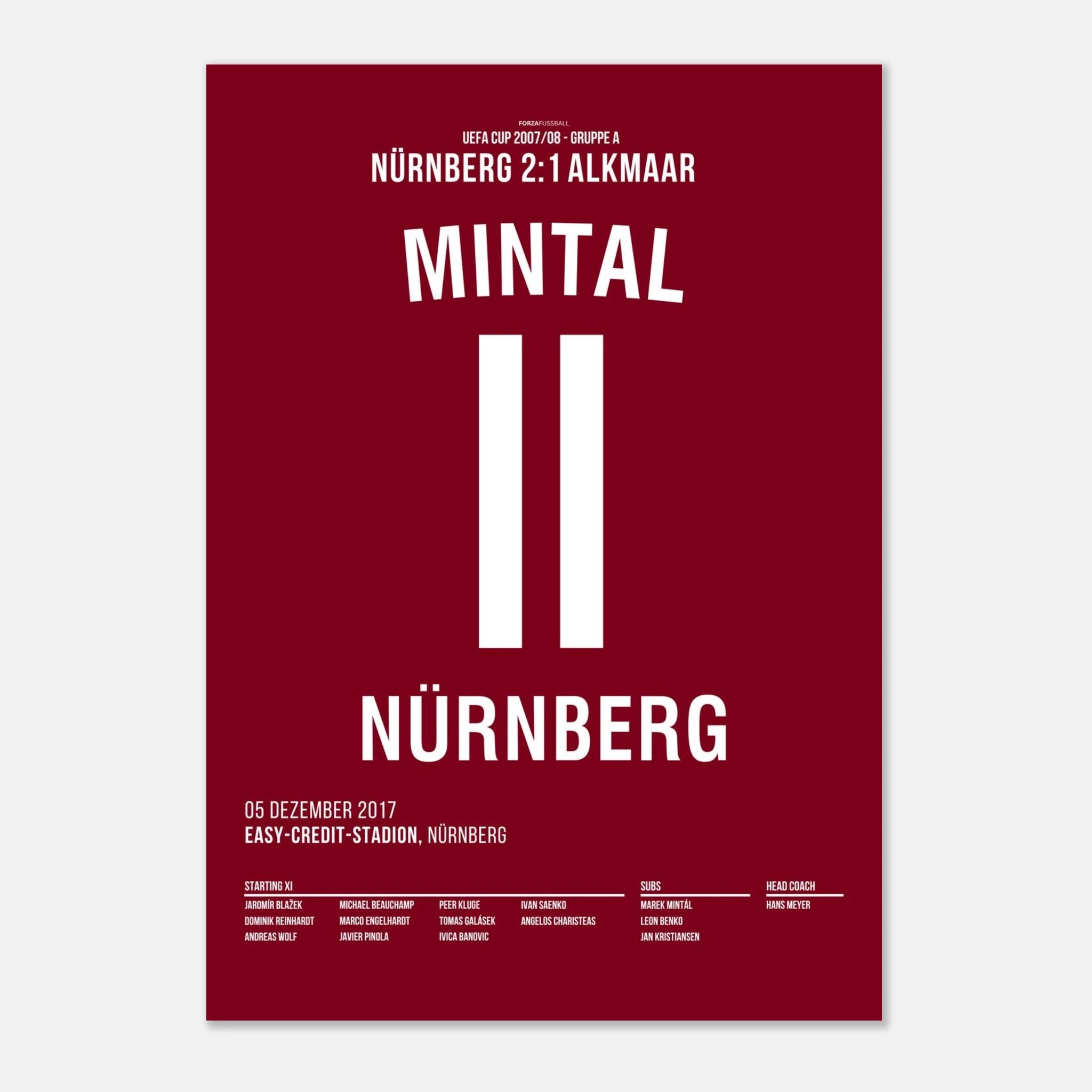 Marek Mintal dreht das UEFA Cup Spiel gegen Alkmaar 2007 Fußball Poster mit Rahmen