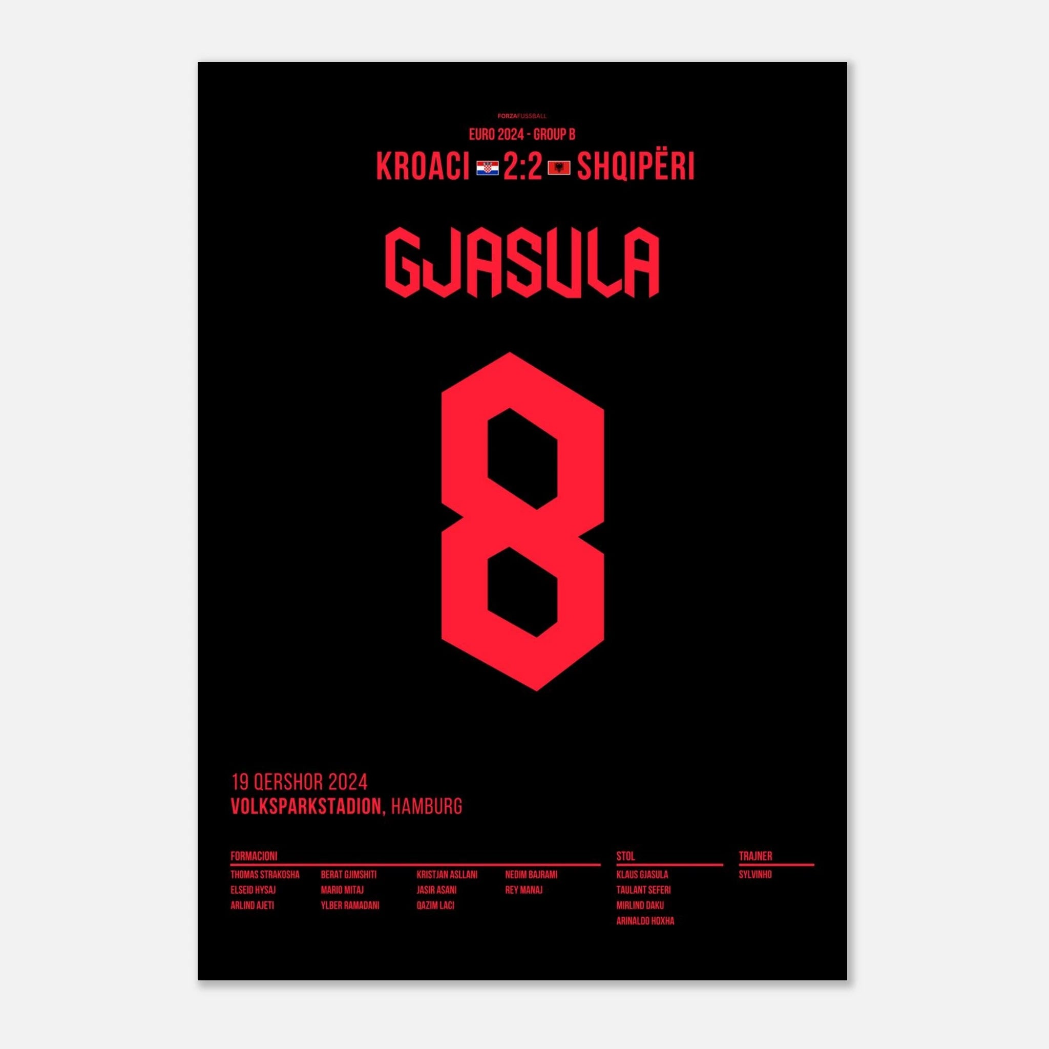Gjasula mit dem Ausgleichstreffer für Albanien gegen Kroatien bei der EM 2024 Fußball Poster mit Rahmen