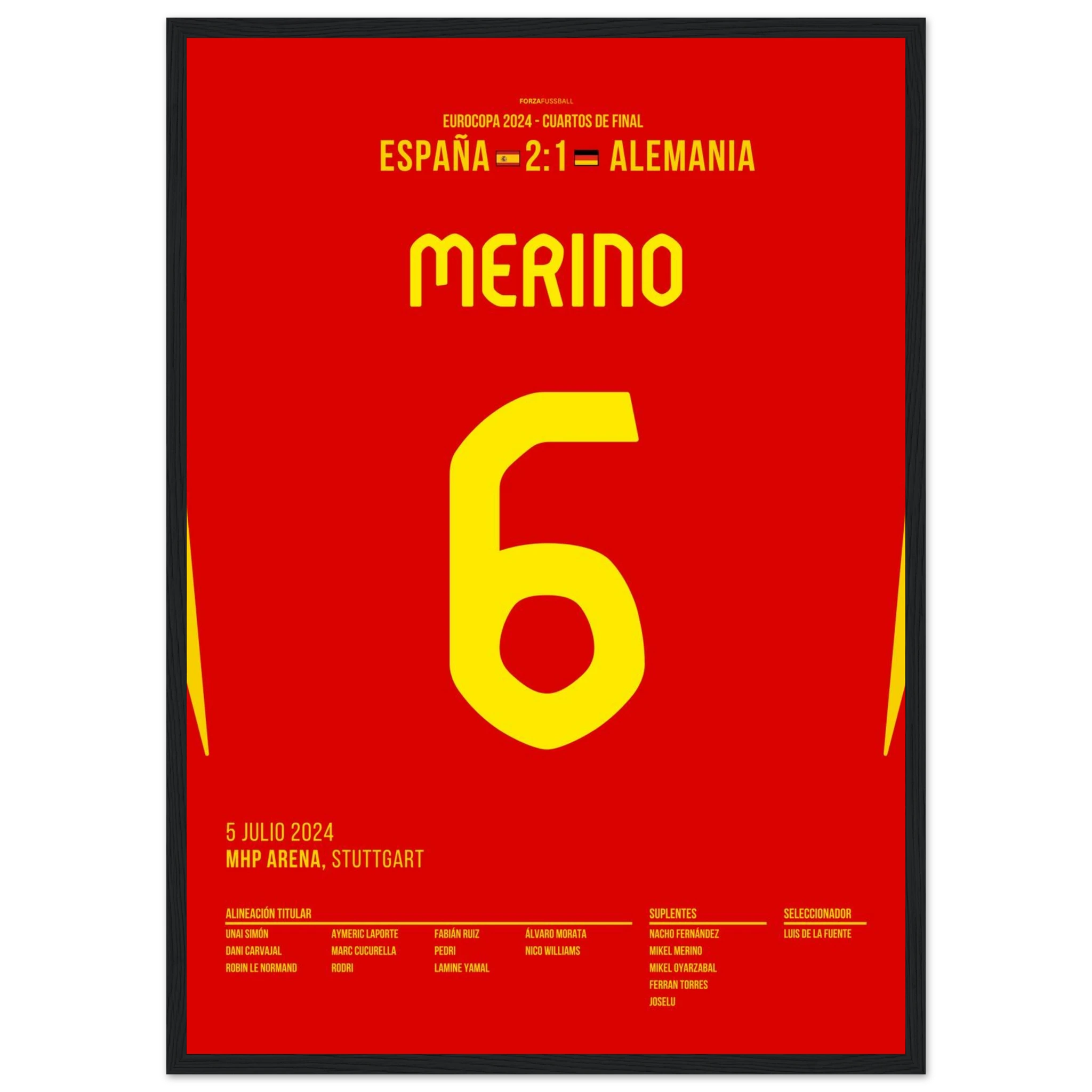 Merino köpft Spanien in letzter Minute zum Sieg gegen Deutschland Fußball Poster mit Rahmen