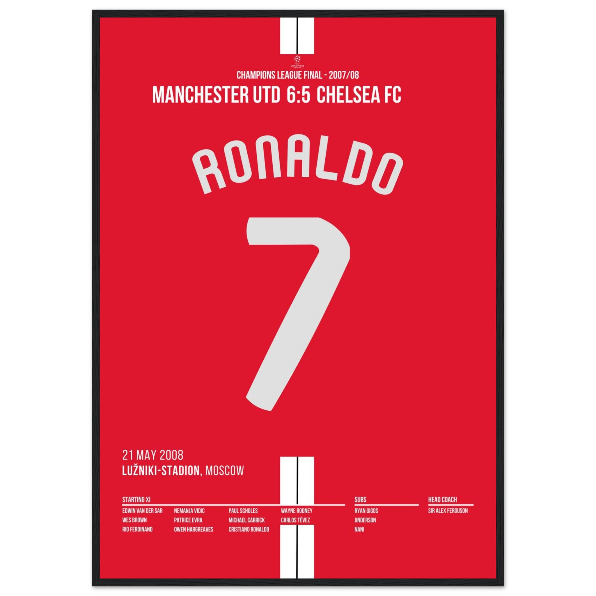 Ronaldo köpft Man United Richtung CL Titel gegen Chelsea Fußball Poster mit Rahmen