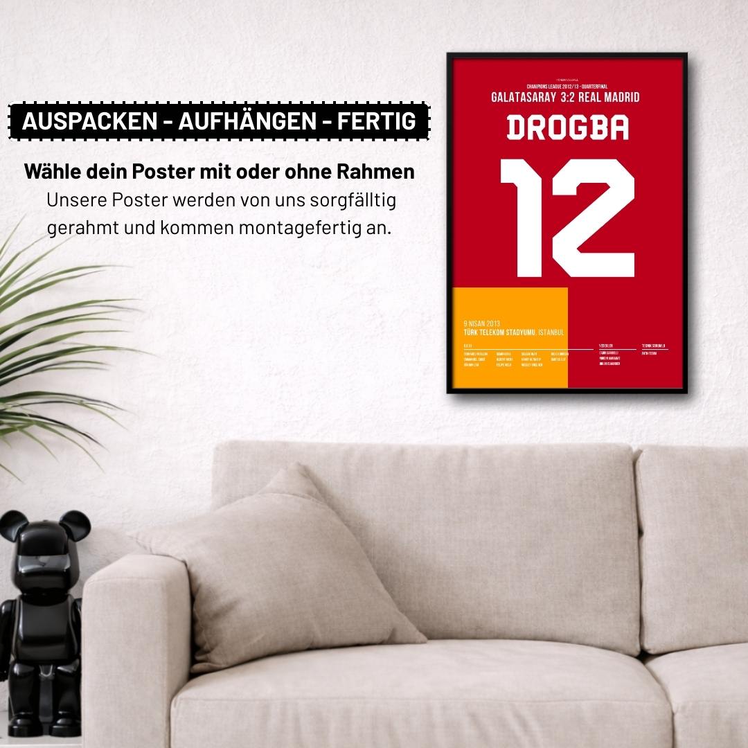 Drogba führt Gala per Hackentor zum Sieg gegen Real Madrid Fußball Poster mit Rahmen