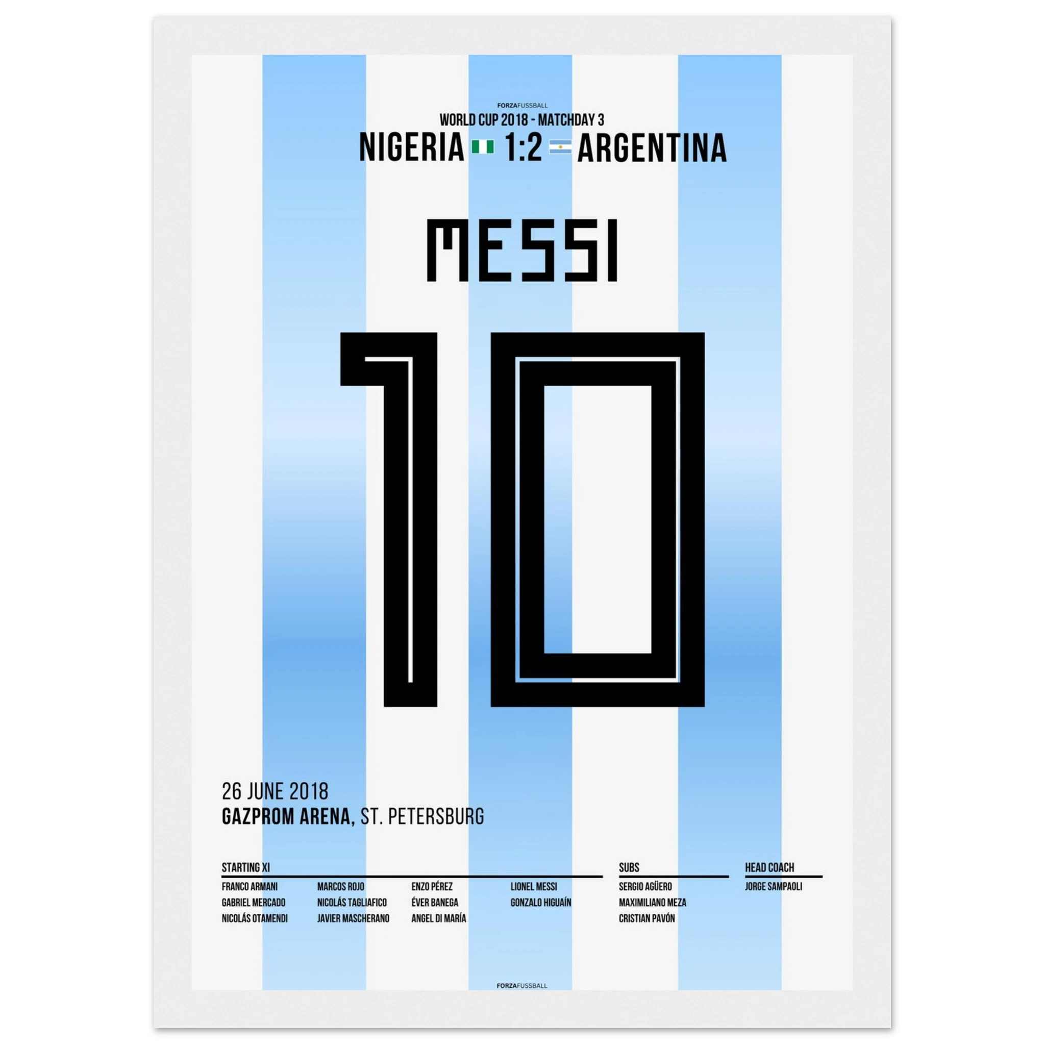 Messi'Traumtor zum Sieg gegen Nigeria bei der WM 2018 Fußball Poster mit Rahmen