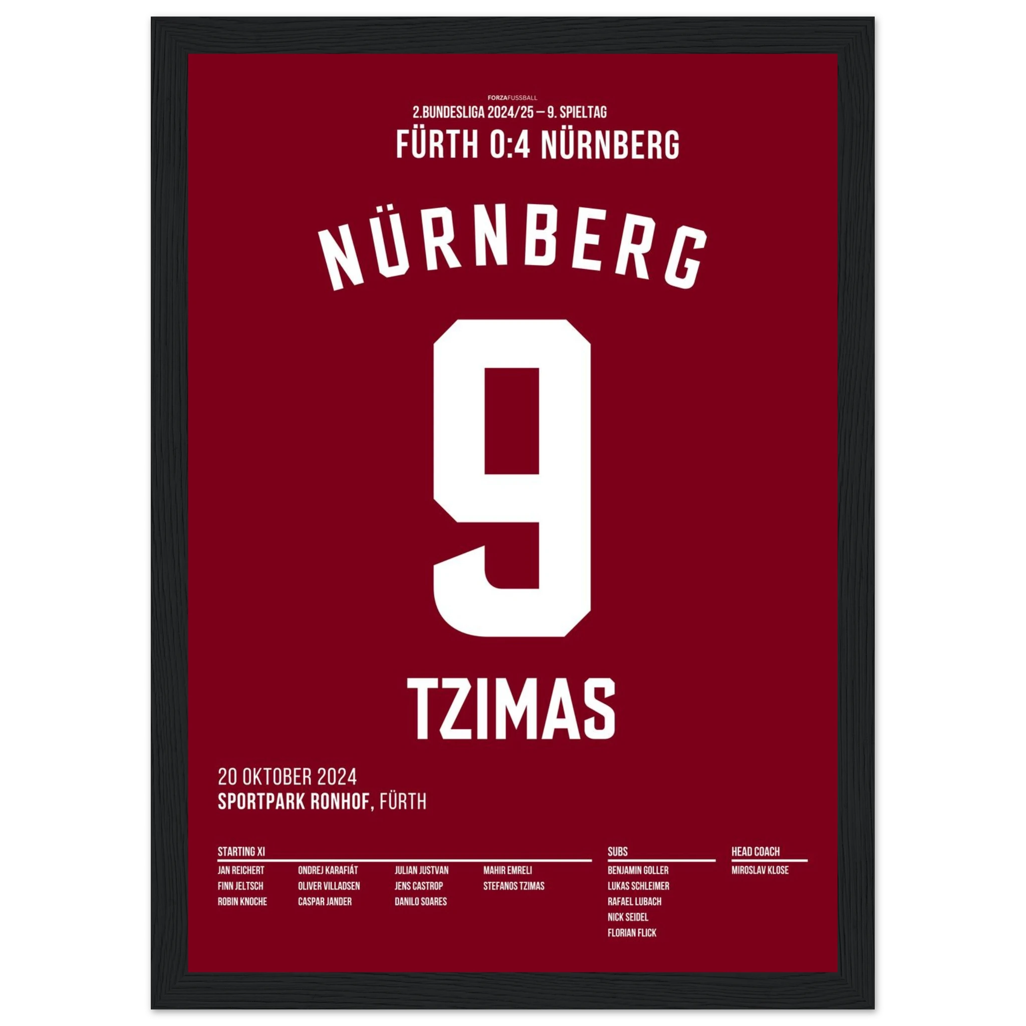 Derbyheld Tzimas – Doppelpack beim 4:0 in Fürth Fußball Poster mit Rahmen