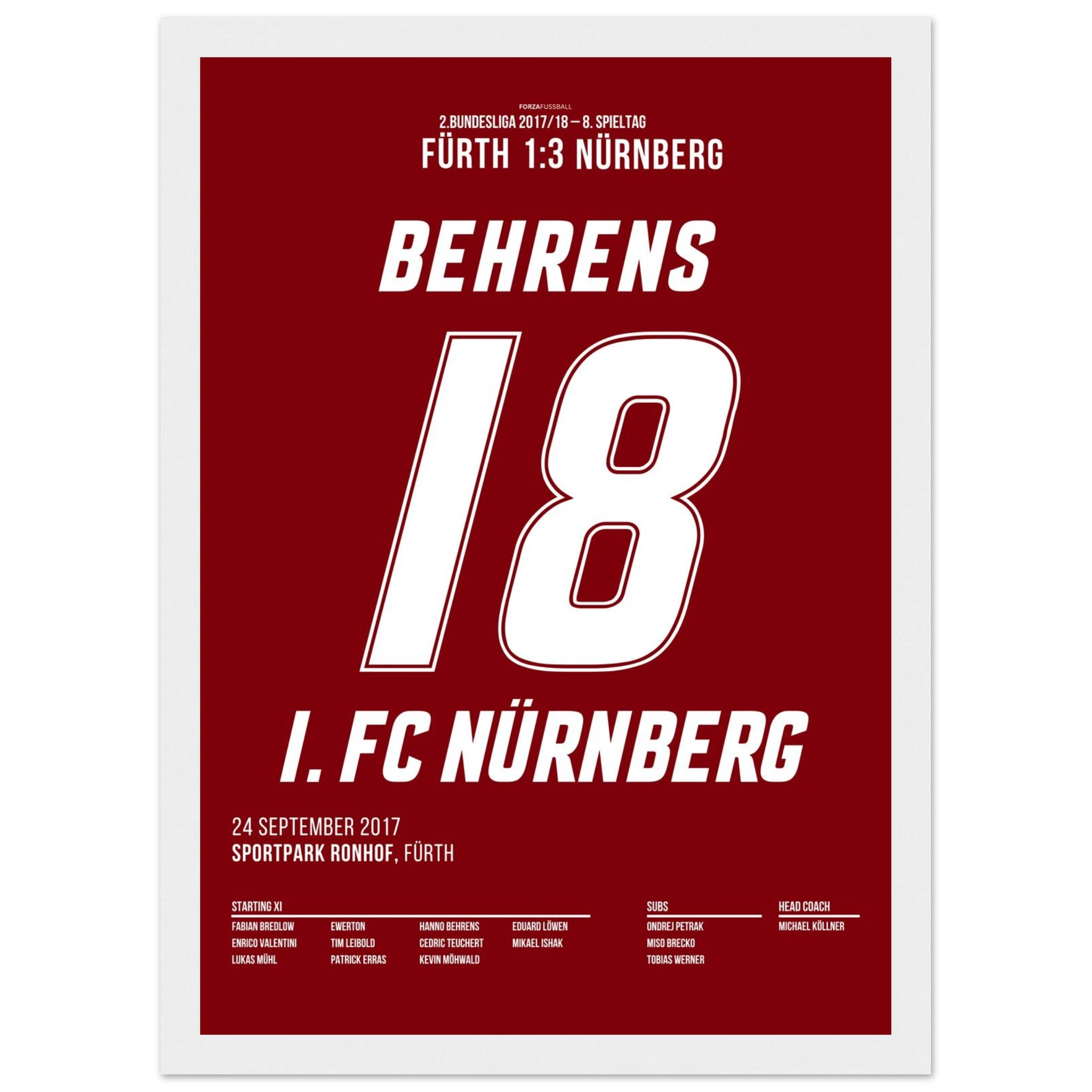 Hanno Behrens besiegelt den Derbysieg in Fürth Fußball Poster mit Rahmen