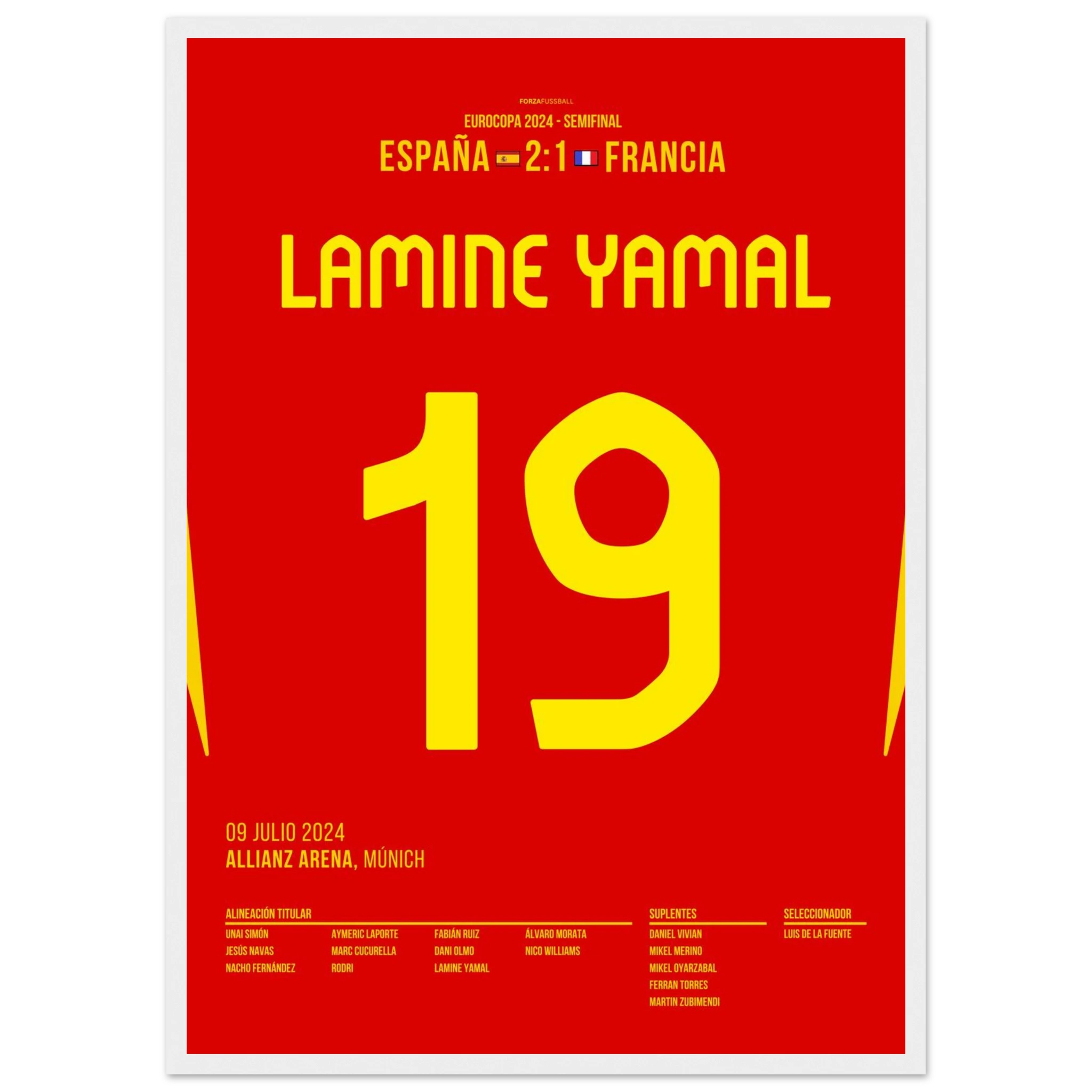 Yamal mit Traumtor gegen Frankreich im EM Halbfinale 2024 Fußball Poster mit Rahmen