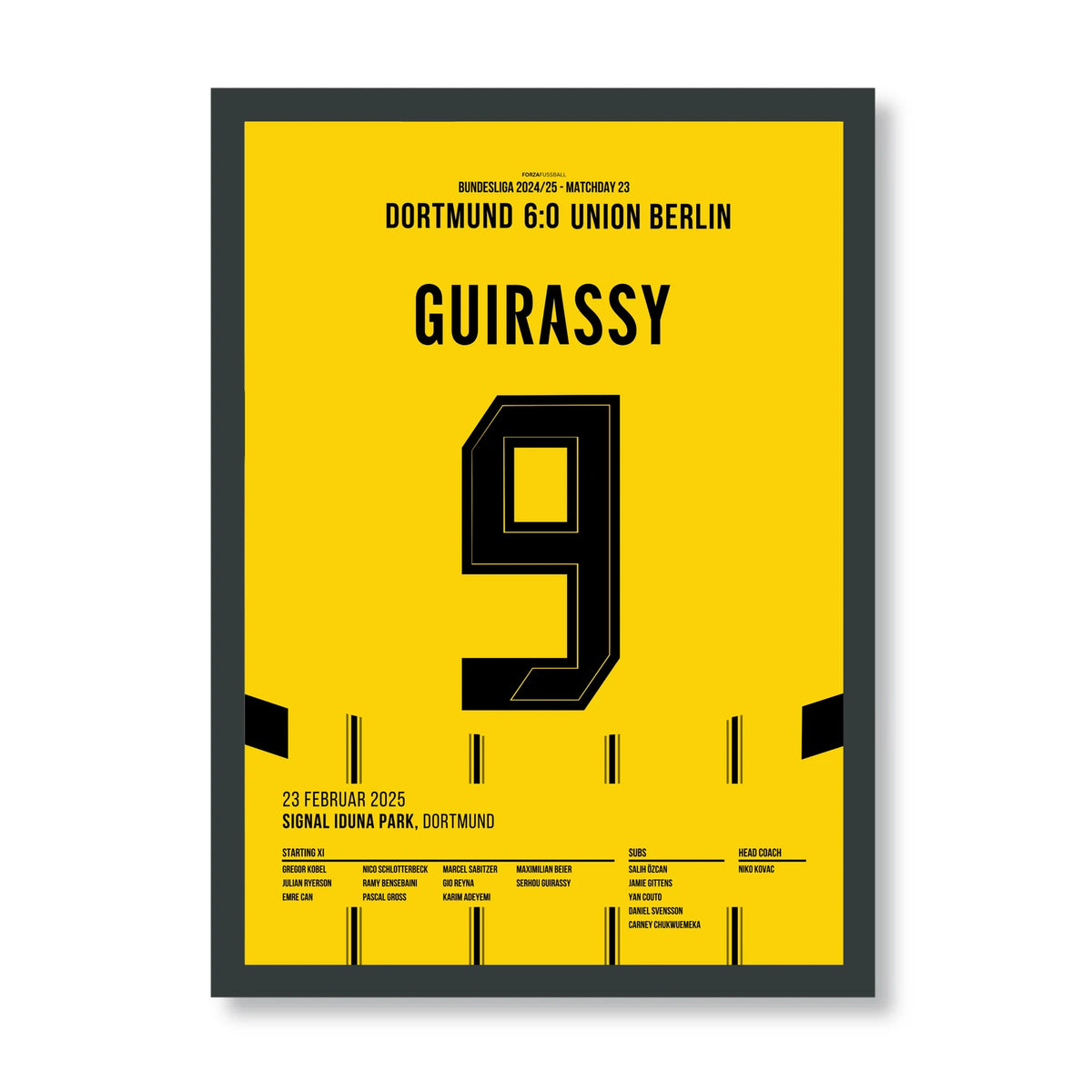 Serhou Guirassy Dortmund Poster – 6:0 gegen Union Berlin, schwarzer Rahmen