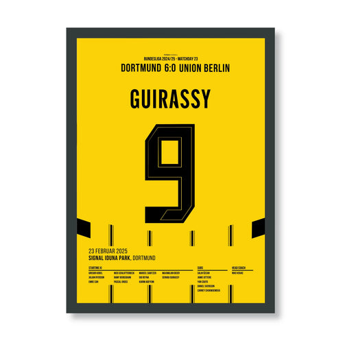 Serhou Guirassy Dortmund Poster – 6:0 gegen Union Berlin, schwarzer Rahmen