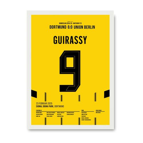 Serhou Guirassy Dortmund Poster – 6:0 gegen Union Berlin, weisser Rahmen