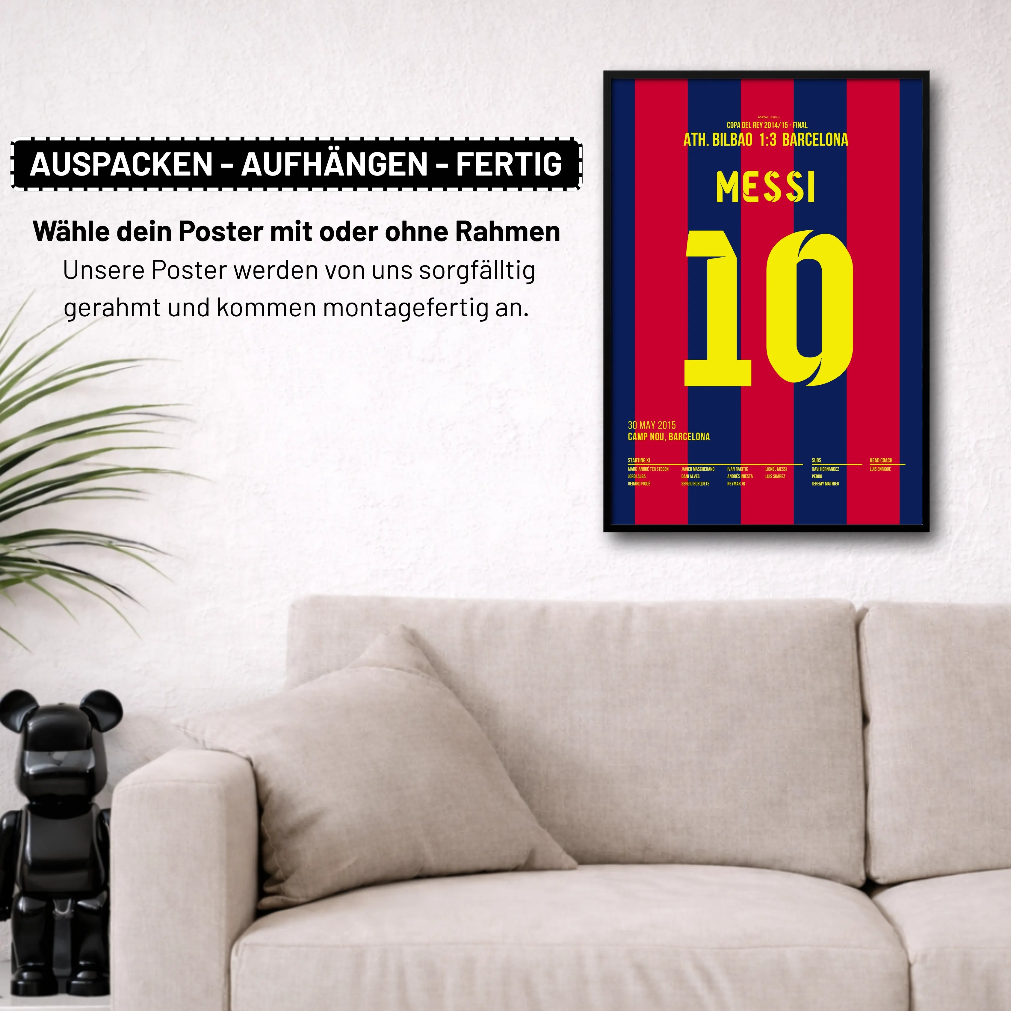Messi's legendäres Solo Tor gegen Bilbao im Copa Finale 2015 Fußball Poster mit Rahmen