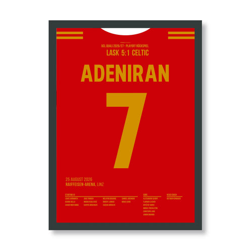 Adeniran LASK Poster – 5:1 gegen Celtic, schwarzer Rahmen