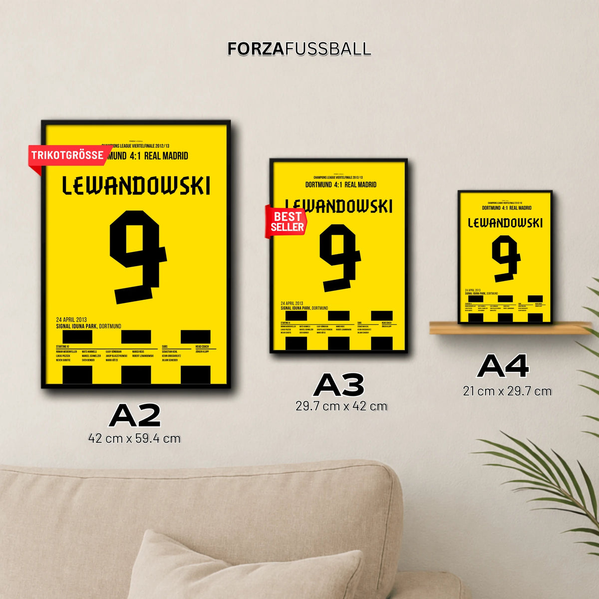 Lewandowski Dortmund Poster – Viererpack gegen Real Madrid, in A2, A3 und A4
