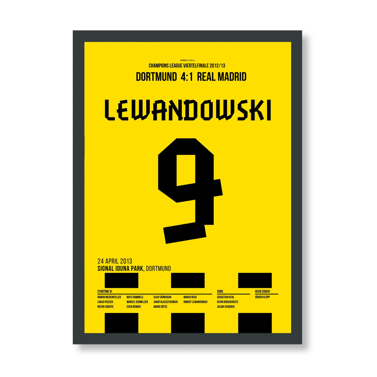 Lewandowski Dortmund Poster – Viererpack gegen Real Madrid, schwarzer Rahmen