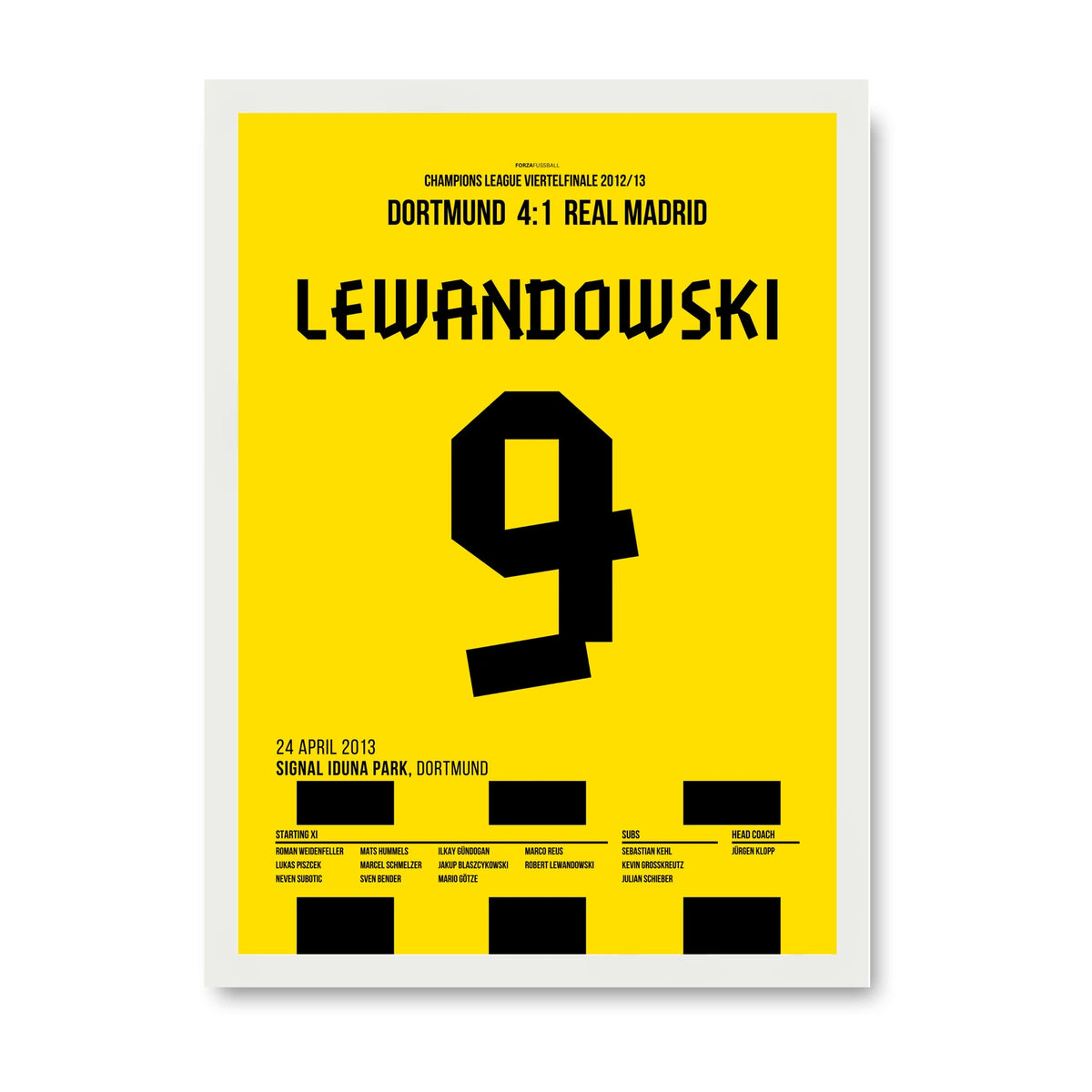 Lewandowski Dortmund Poster – Viererpack gegen Real Madrid, weisser Rahmen