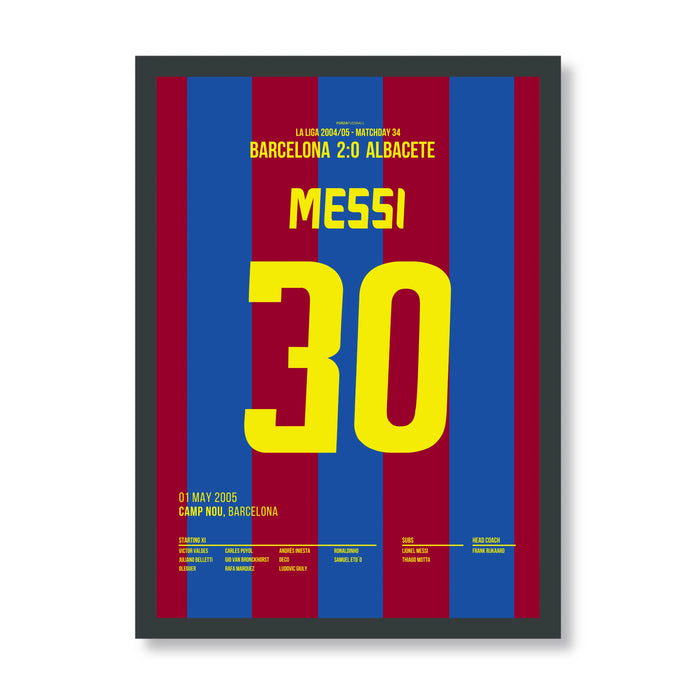 Messi with his first goal for Barca after an assist from Ronaldinho
