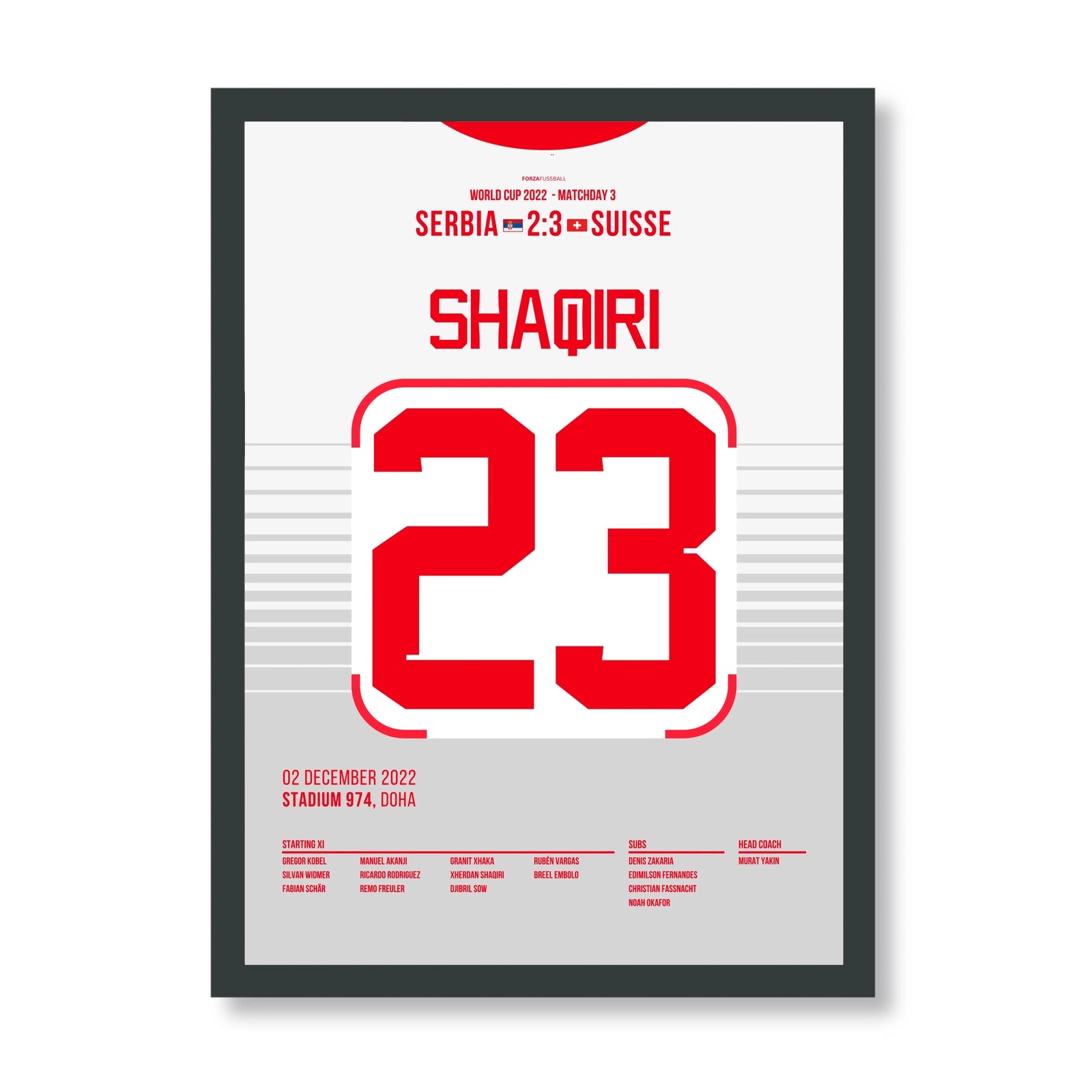 Shaqiri trifft schon wieder gegen Serbien bei der WM 2022 Fußball Poster mit Rahmen