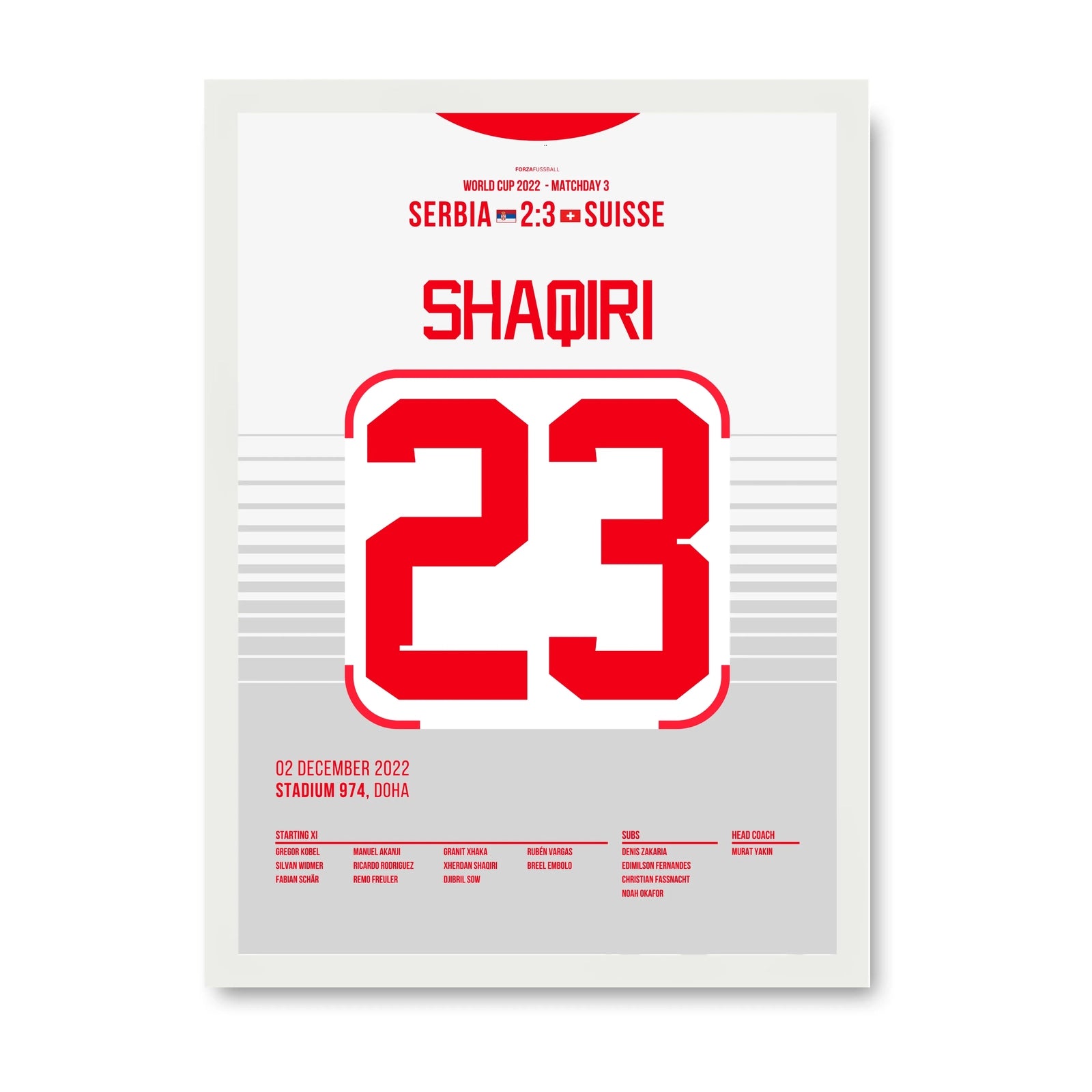 Shaqiri trifft schon wieder gegen Serbien bei der WM 2022 Fußball Poster mit Rahmen