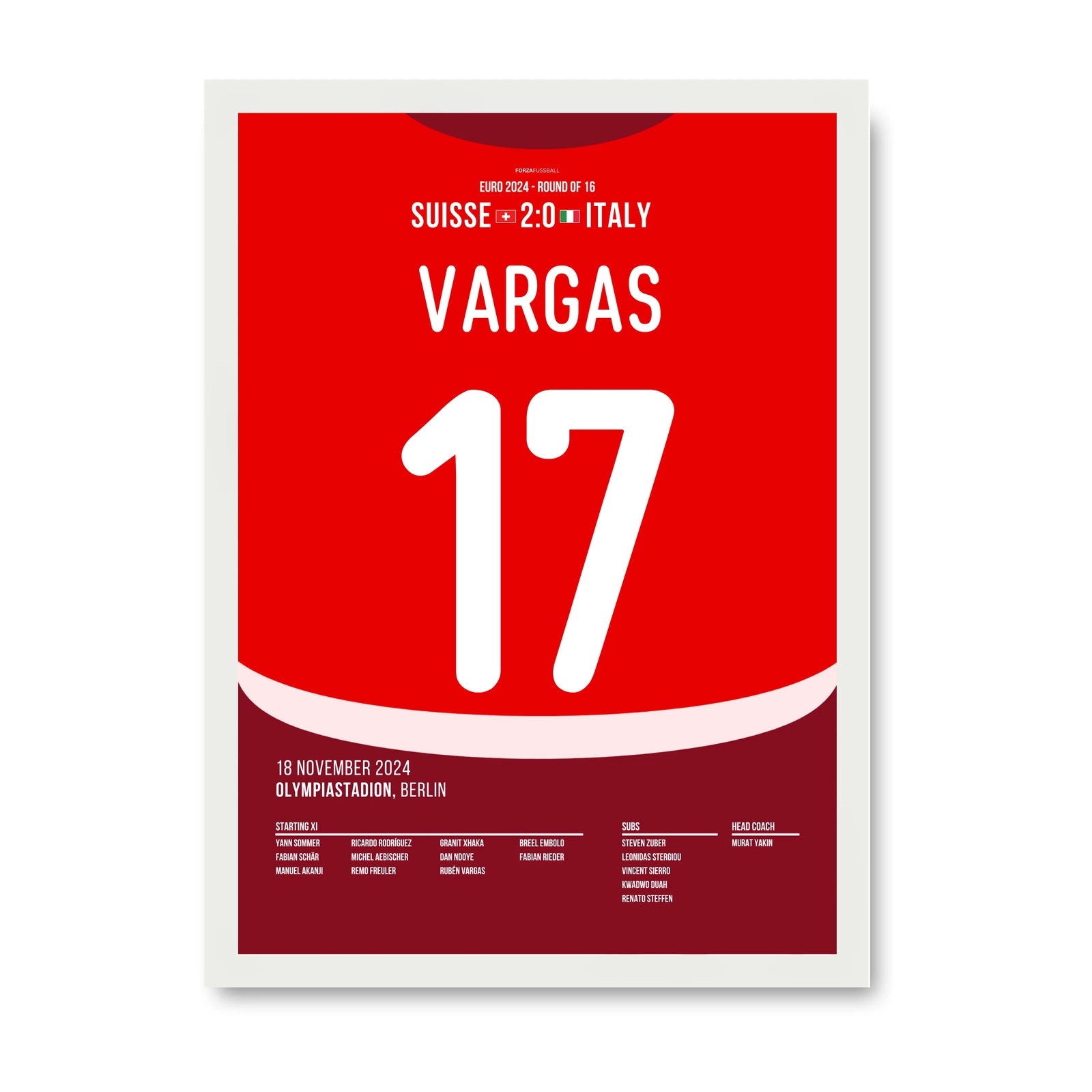 Rubèn Vargas schießt die Schweiz sehenswert zum Sieg gegen Italien Fußball Poster mit Rahmen