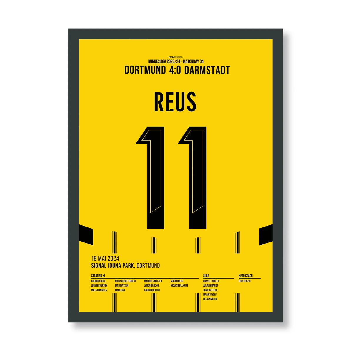 Marco Reus Dortmund Poster – letztes Heimspiel für den BVB, schwarzer Rahmen