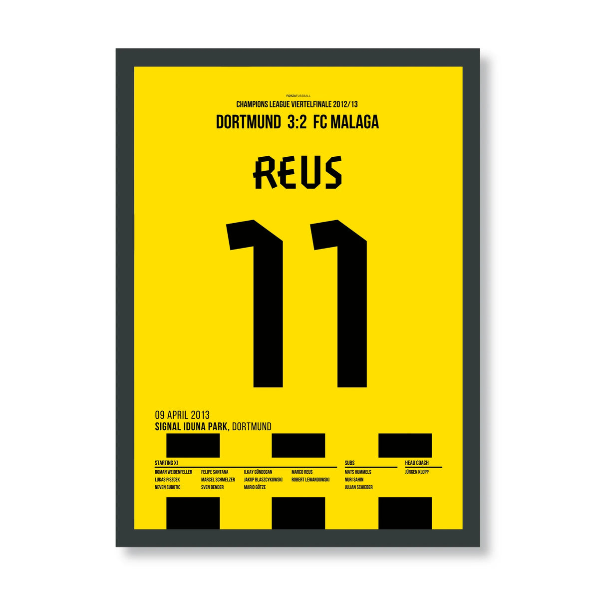 Marco Reus Dortmund Poster – Spiel seines Lebens gegen Malaga, schwarzer Rahmen