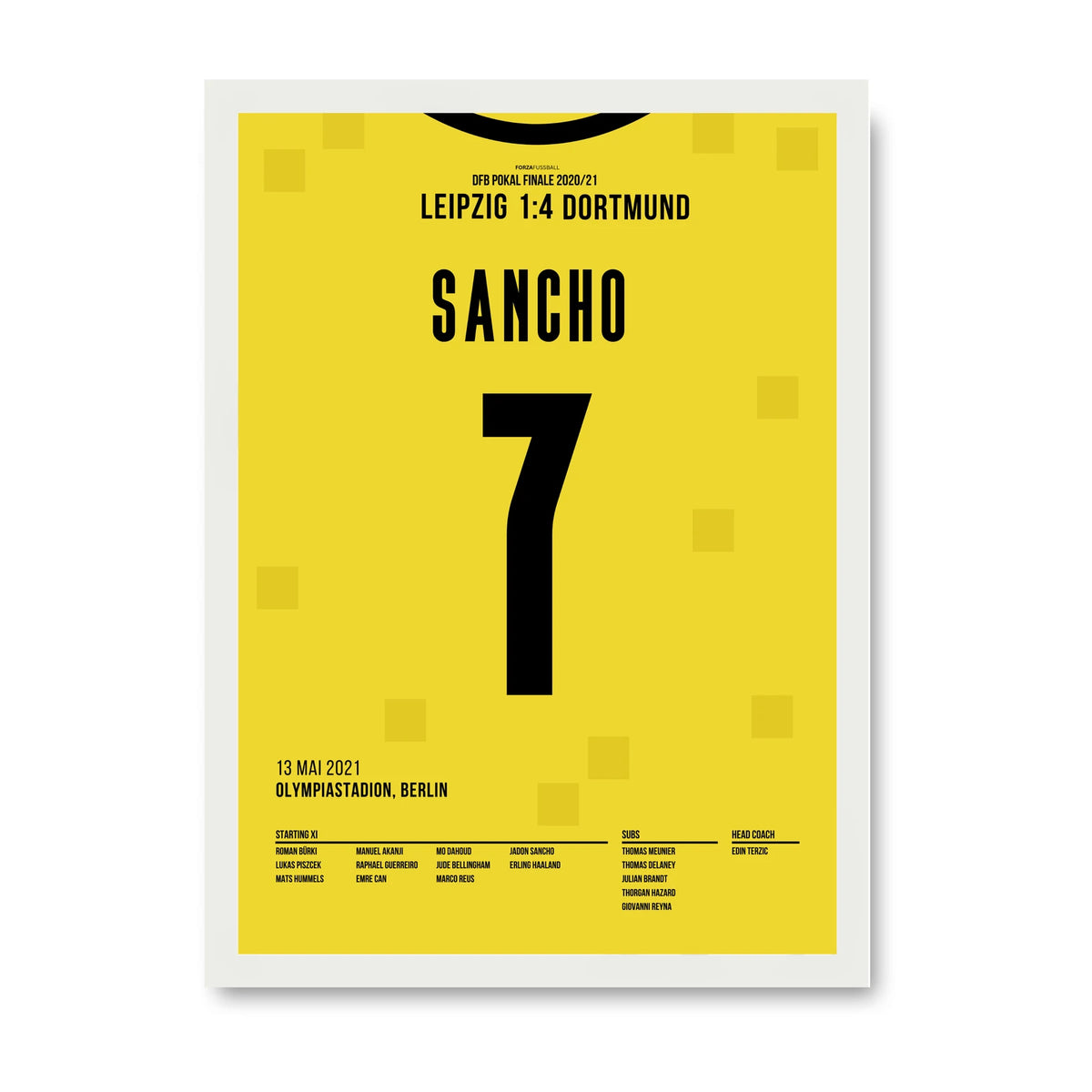 Jadon Sancho Dortmund Poster – Doppelpack zum DFB-Pokal-Sieg, weisser Rahmen