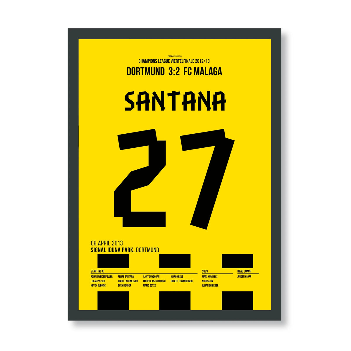 Felipe Santana Dortmund Poster – Siegtreffer gegen Malaga, schwarzer Rahmen