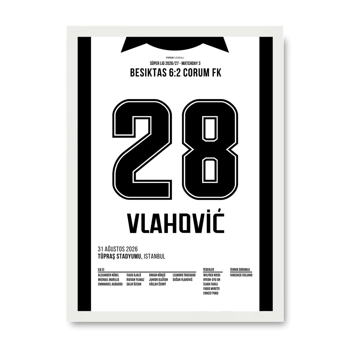 Vlahović Besiktas Poster – Hattrick beim Startelf-Debüt, weisser Rahmen